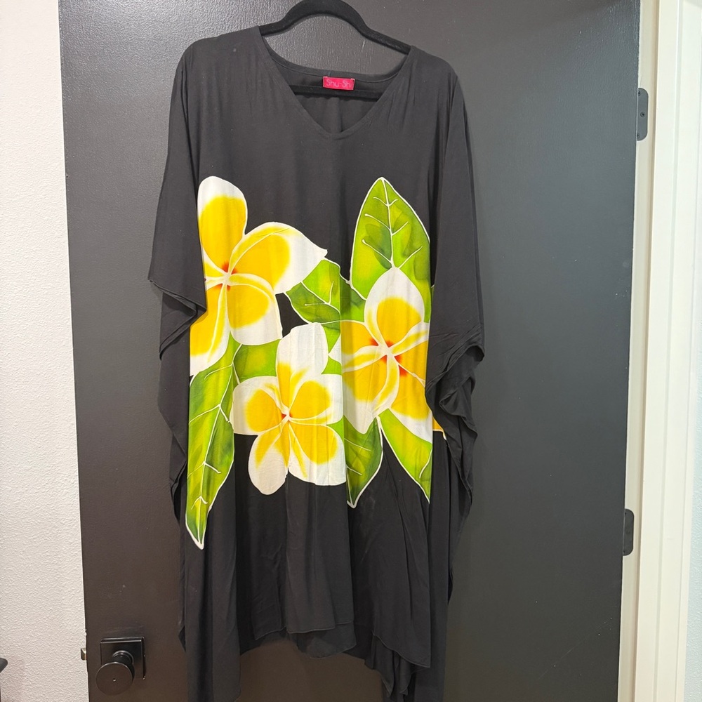 Tropical Black Tunic with Yellow Floral Design